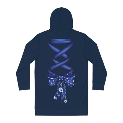 Evil Eye Lace-Up Hoodie Dress — Blue Nazar Charm Back Print