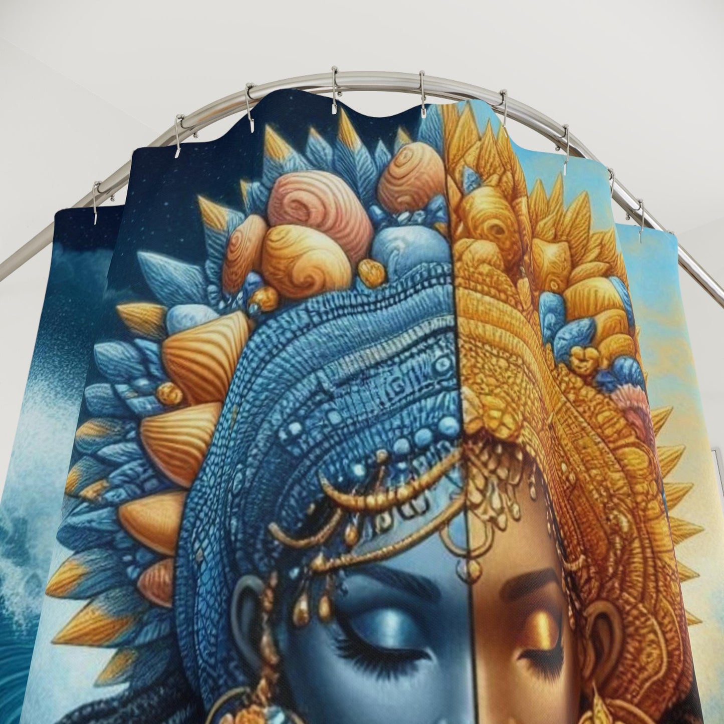Oshún & Yemayá “Los Dos Aguas” Shower Curtain – Orisha Bathroom Decor | Gift for Devotee or Godparent