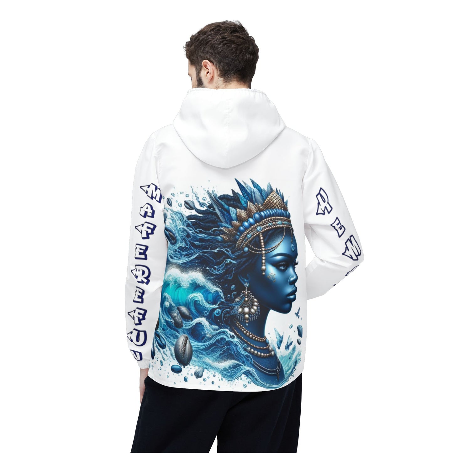 Orisha YEMAYA Ocean Queen. White windbreaker jacket, Maferefun Yemaya jacket, ASHE yemaya orisha based urban style white jacket