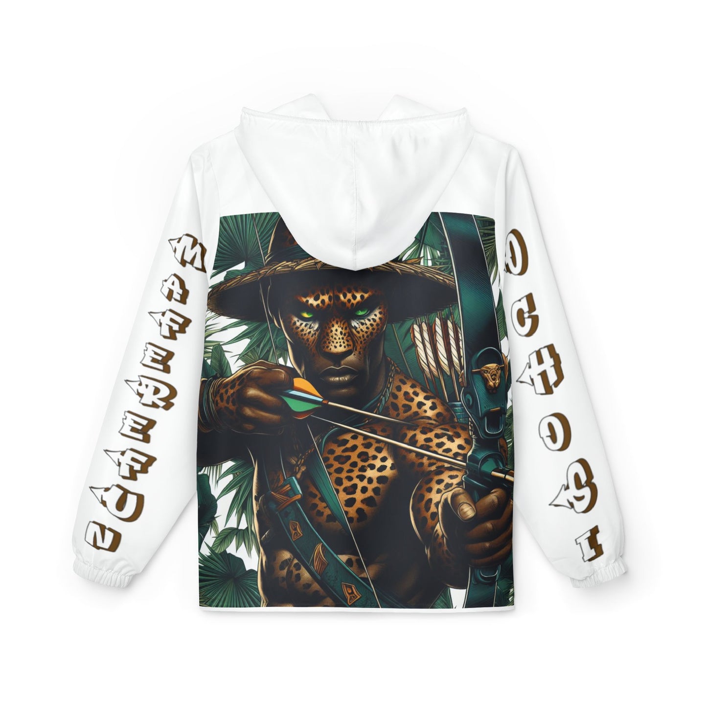 Orisha OCHOSI  The Leopard Hunter Ashe, White windbreaker jacket, Maferefun OCHOSI on Back Sleeves jacket! Orisha OCHOSI jacket