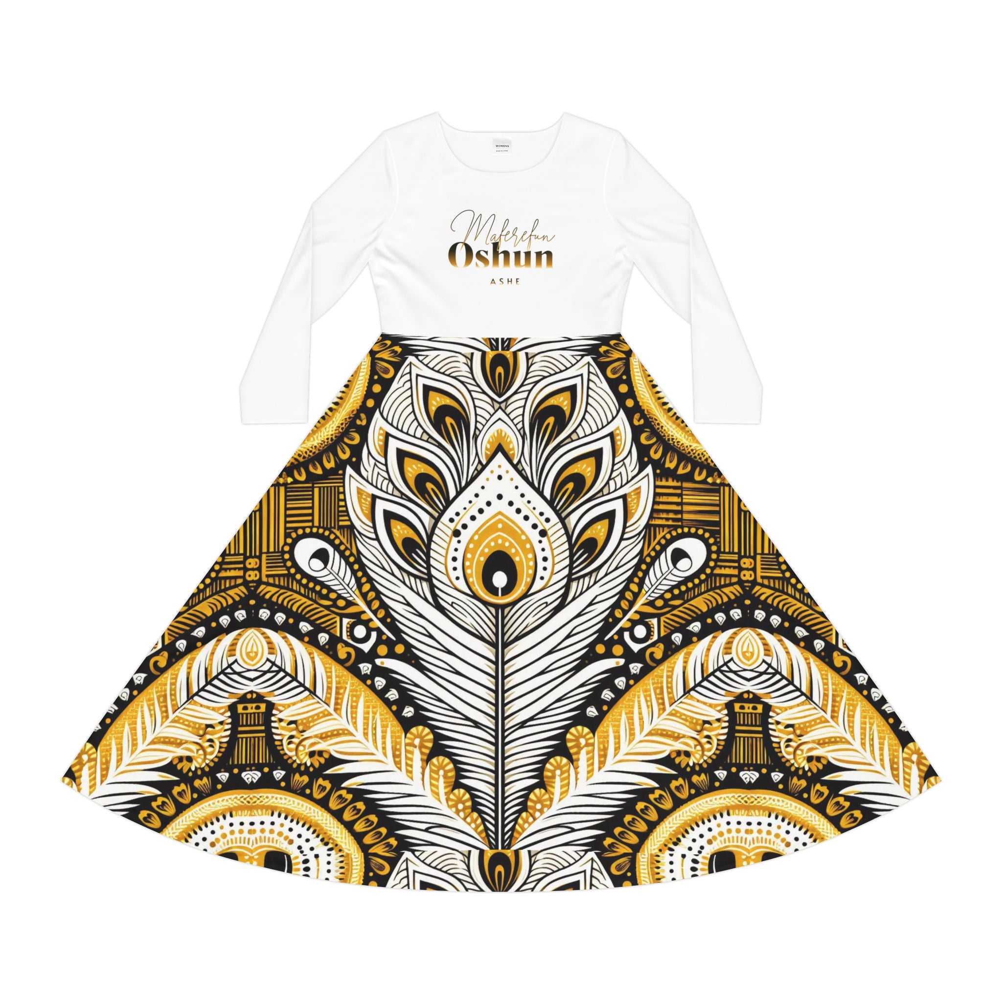 Orisha OSHUN Women's Long Sleeve Dance,Gift for Devotee or Godparent! Fall/Winter Lucumi Based Ladies Dress!