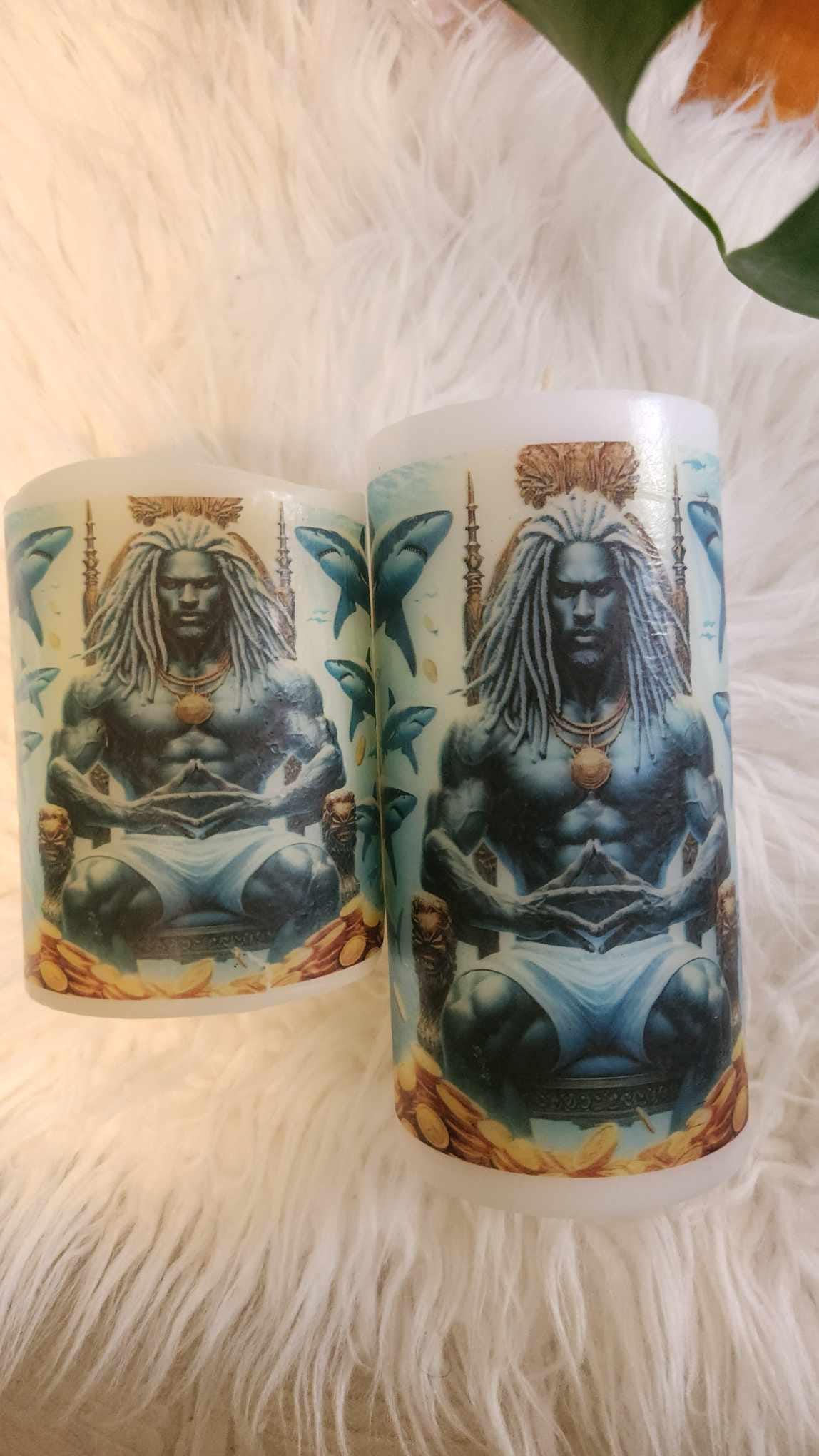 Maferefun OLOKUN Candle Set – LED & Wax | Orisha Altar Decor | Gift for Devotee or Godparent