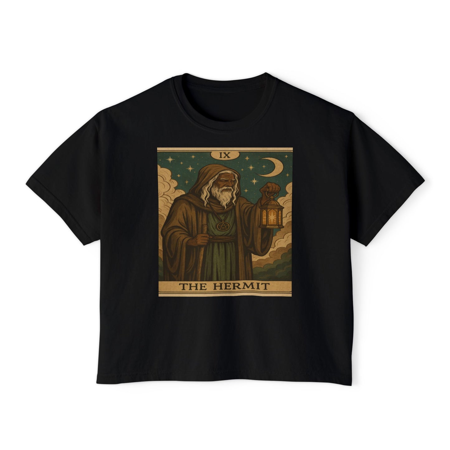 Mystical HERMIT Tarot Women's Boxy Tee, Tarot Inspired Shirt, Astrology Gift, Witchy Apparel, Spiritual Outfit, Boho Style Top