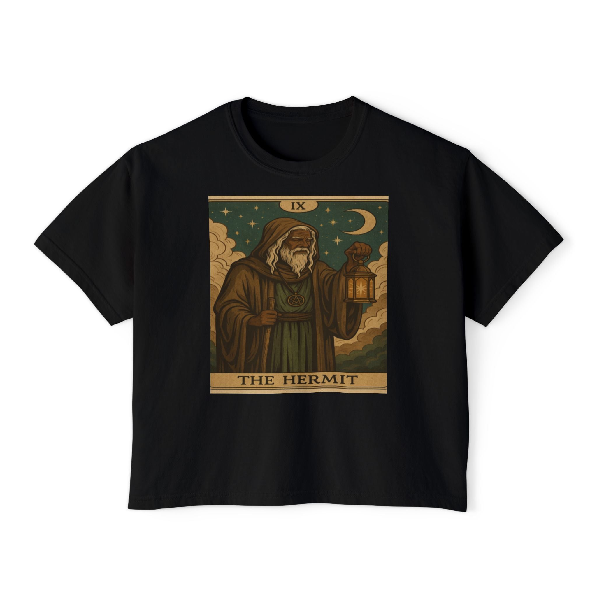 Mystical HERMIT Tarot Women's Boxy Tee, Tarot Inspired Shirt, Astrology Gift, Witchy Apparel, Spiritual Outfit, Boho Style Top