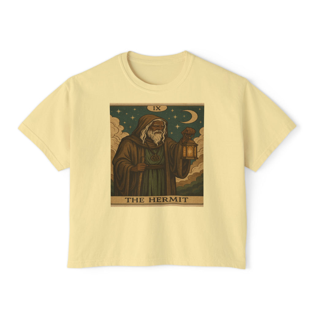 Mystical HERMIT Tarot Women's Boxy Tee, Tarot Inspired Shirt, Astrology Gift, Witchy Apparel, Spiritual Outfit, Boho Style Top