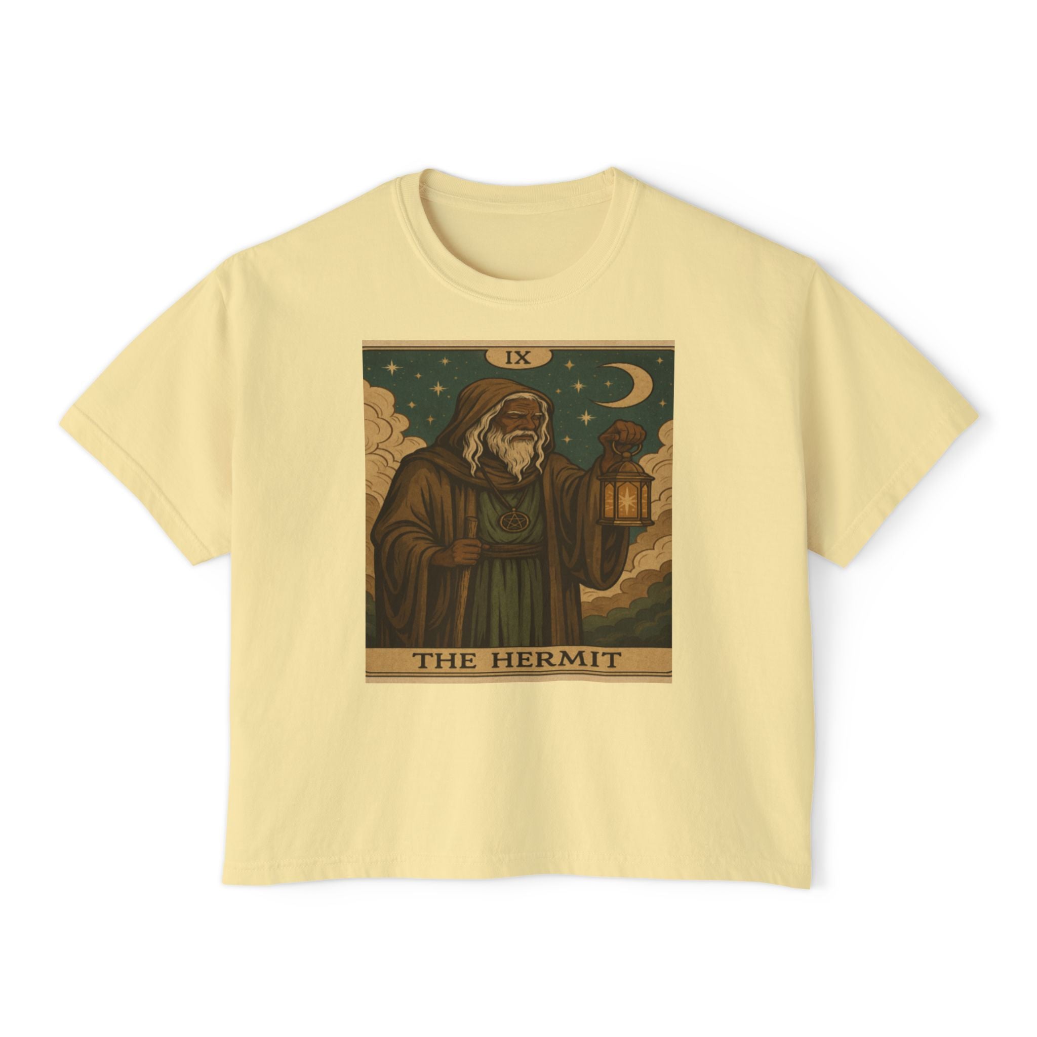 Mystical HERMIT Tarot Women's Boxy Tee, Tarot Inspired Shirt, Astrology Gift, Witchy Apparel, Spiritual Outfit, Boho Style Top