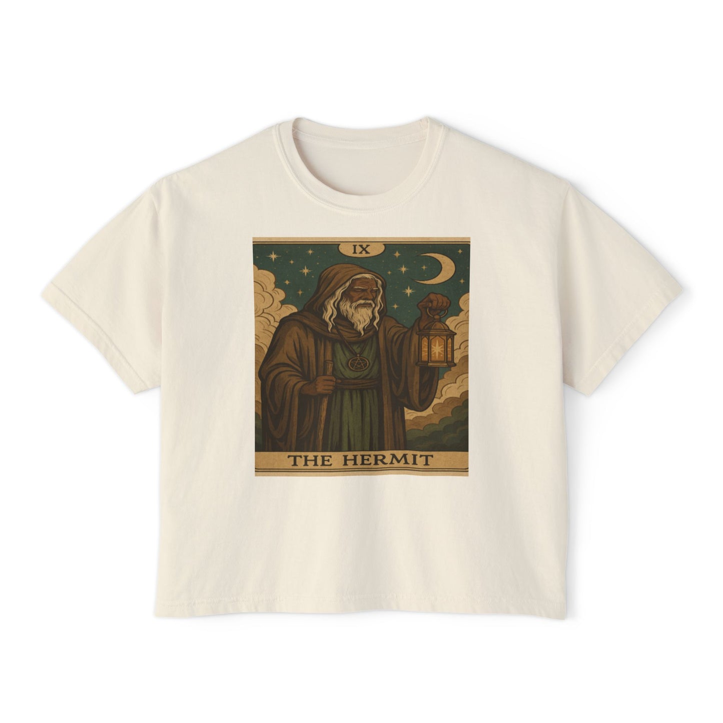 Mystical HERMIT Tarot Women's Boxy Tee, Tarot Inspired Shirt, Astrology Gift, Witchy Apparel, Spiritual Outfit, Boho Style Top