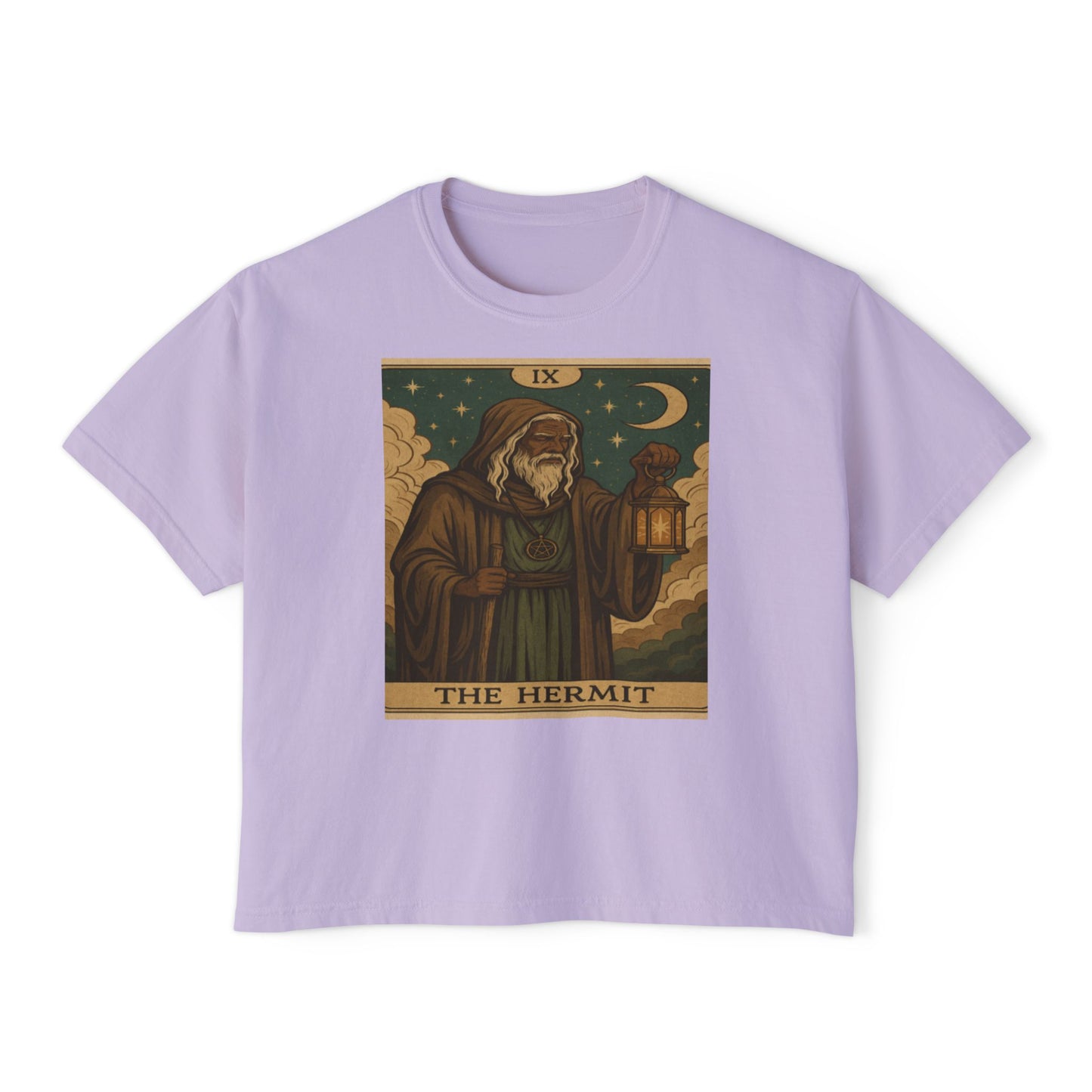 Mystical HERMIT Tarot Women's Boxy Tee, Tarot Inspired Shirt, Astrology Gift, Witchy Apparel, Spiritual Outfit, Boho Style Top