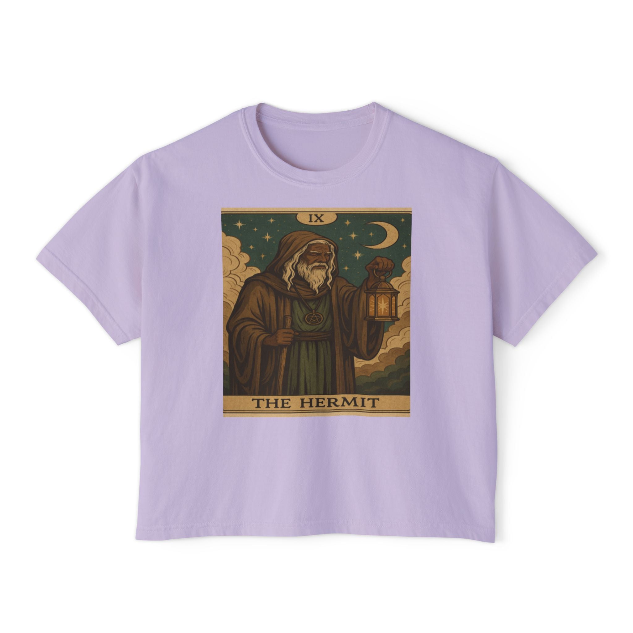Mystical HERMIT Tarot Women's Boxy Tee, Tarot Inspired Shirt, Astrology Gift, Witchy Apparel, Spiritual Outfit, Boho Style Top