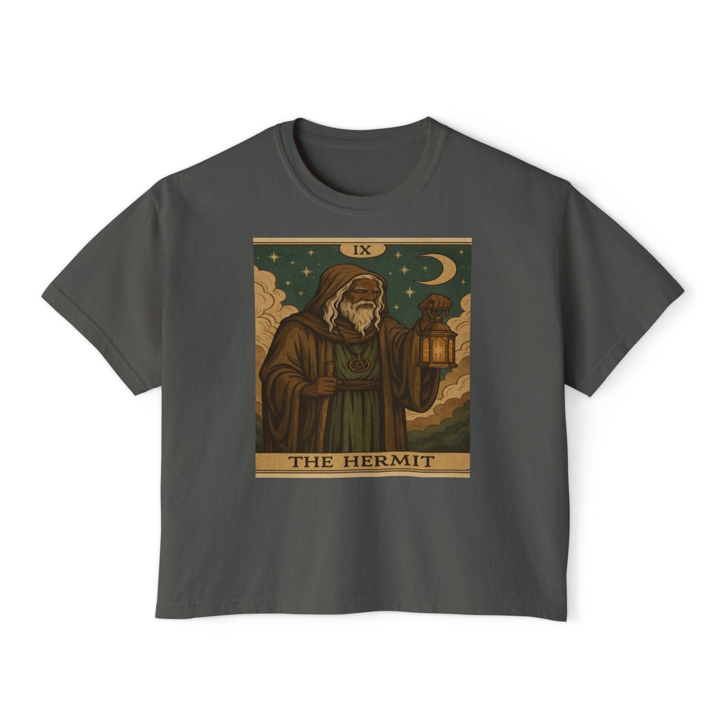 Mystical HERMIT Tarot Women's Boxy Tee, Tarot Inspired Shirt, Astrology Gift, Witchy Apparel, Spiritual Outfit, Boho Style Top