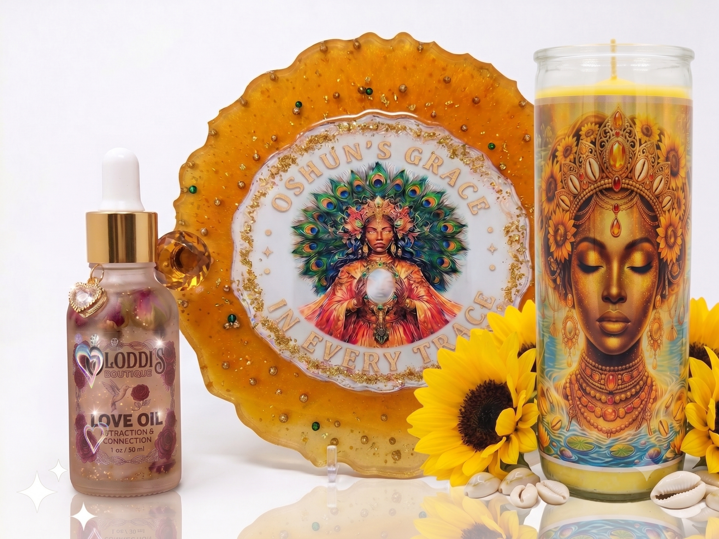 Oshun's Grace Luxury Ritual Set: 13-Inch Resin Tray, Prepared Pull-Out Candle & Love Oil