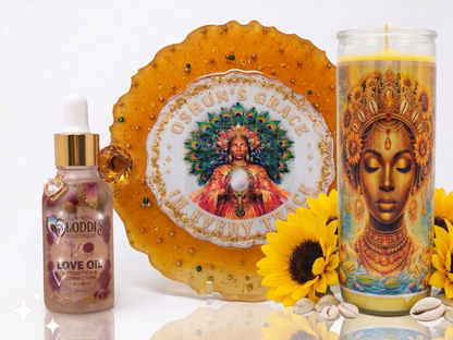 Oshun's Grace Luxury Ritual Set: 13-Inch Resin Tray, Prepared Pull-Out Candle & Love Oil