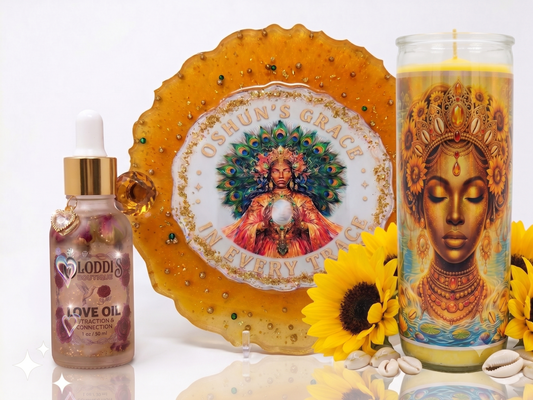Oshun's Grace Luxury Ritual Set: 13-Inch Resin Tray, Prepared Pull-Out Candle & Love Oil