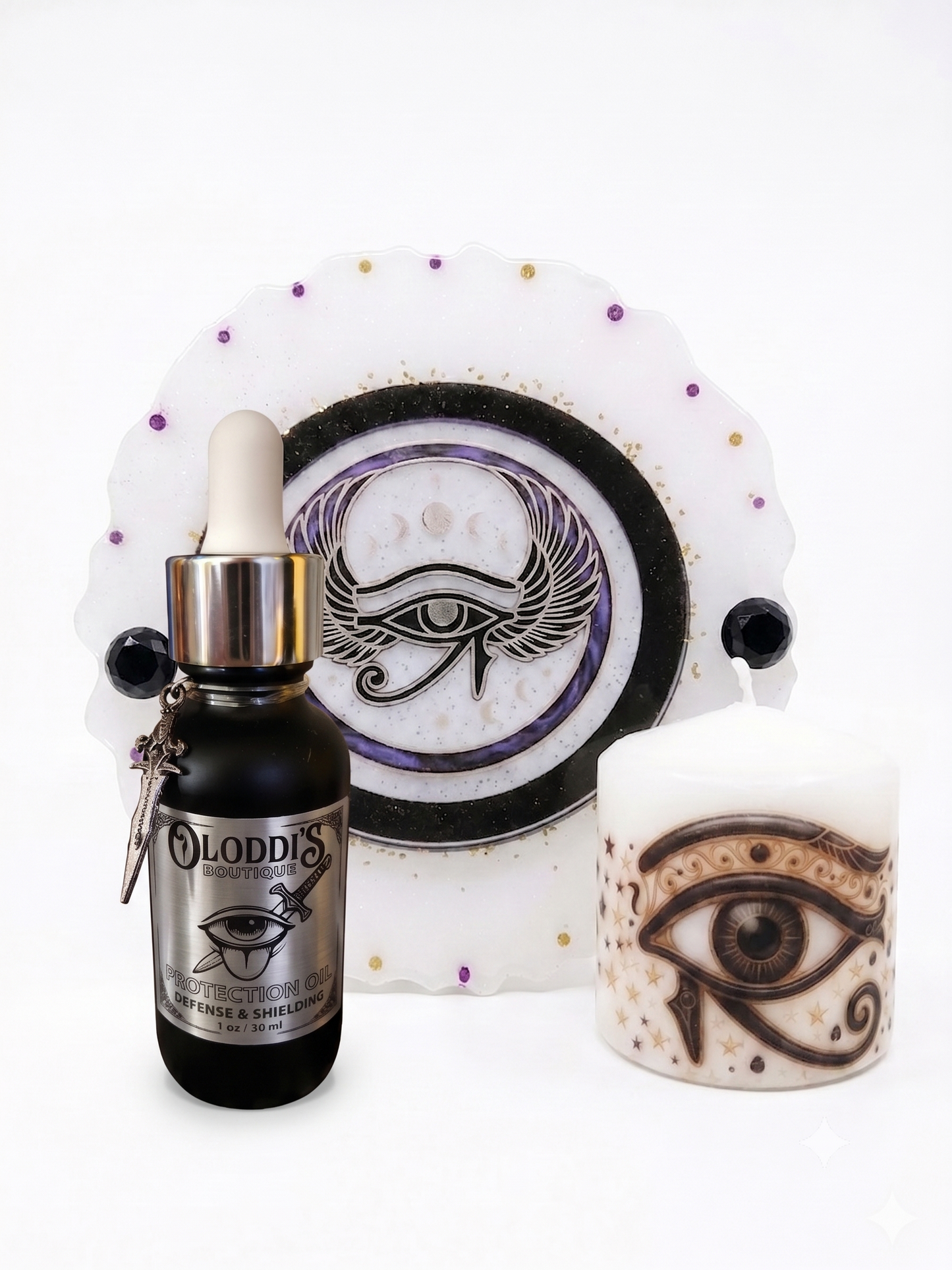 Eye of Protection Luxury Ritual Set: 13-Inch Resin Tray, Real Wax Mini Jumbo Candle & Shielding Oil