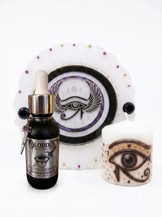Eye of Protection Luxury Ritual Set: 13-Inch Resin Tray, Real Wax Mini Jumbo Candle & Shielding Oil