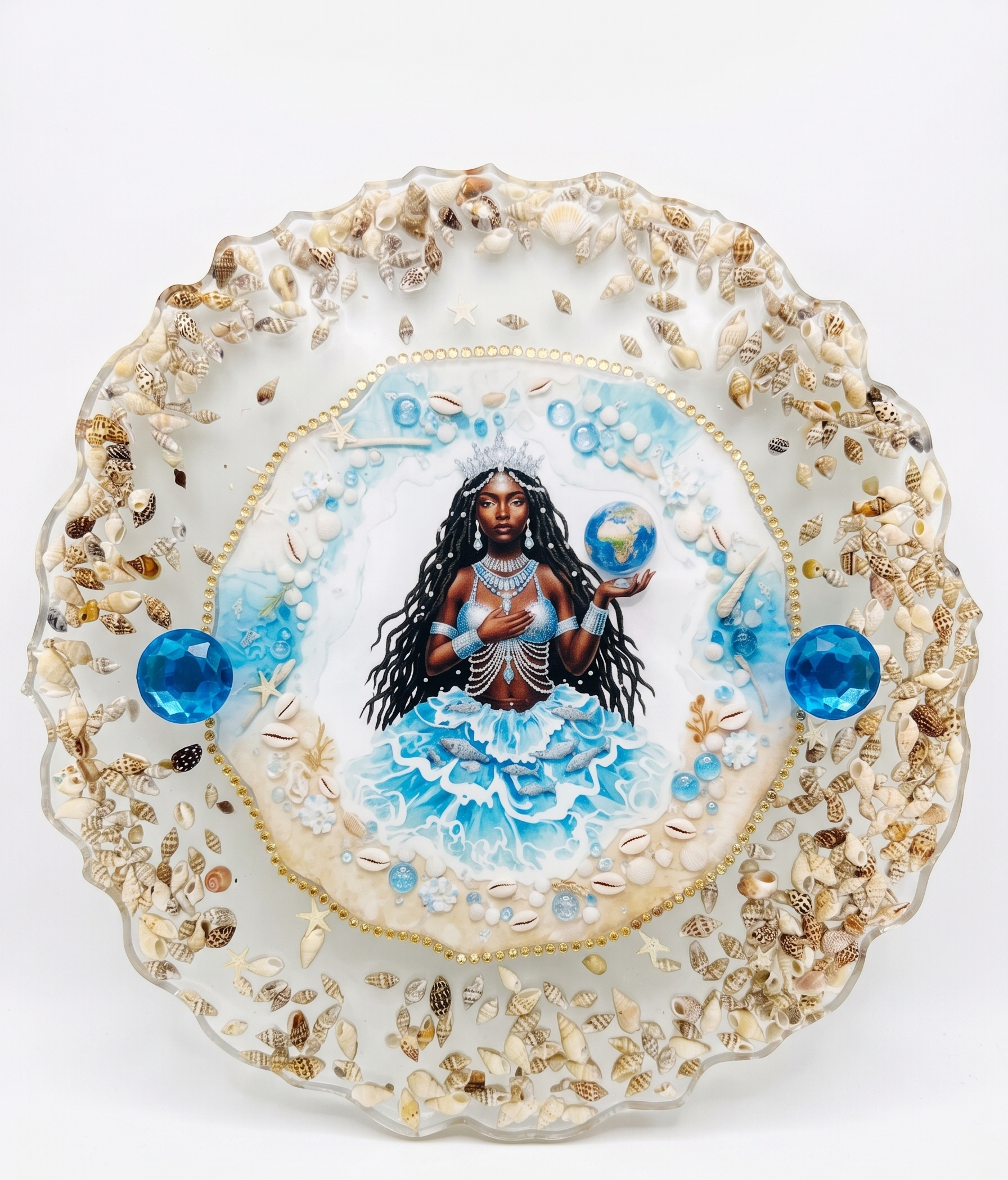 Yemaya Divine Ocean 13-Inch Resin Art Tray with Embedded Seashells