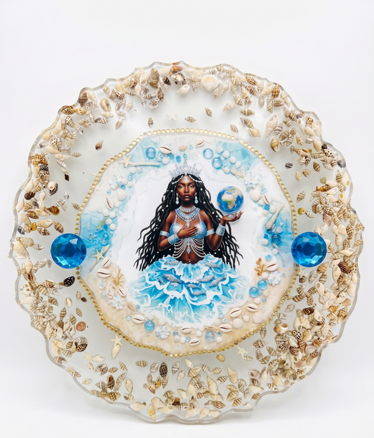 Yemaya Divine Ocean 13-Inch Resin Art Tray with Embedded Seashells
