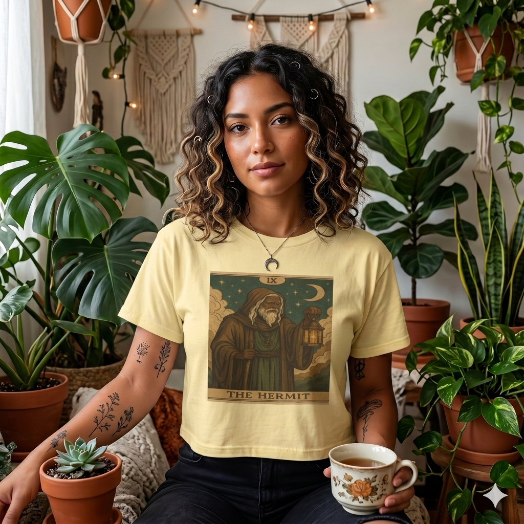 Mystical HERMIT Tarot Women's Boxy Tee, Tarot Inspired Shirt, Astrology Gift, Witchy Apparel, Spiritual Outfit, Boho Style Top