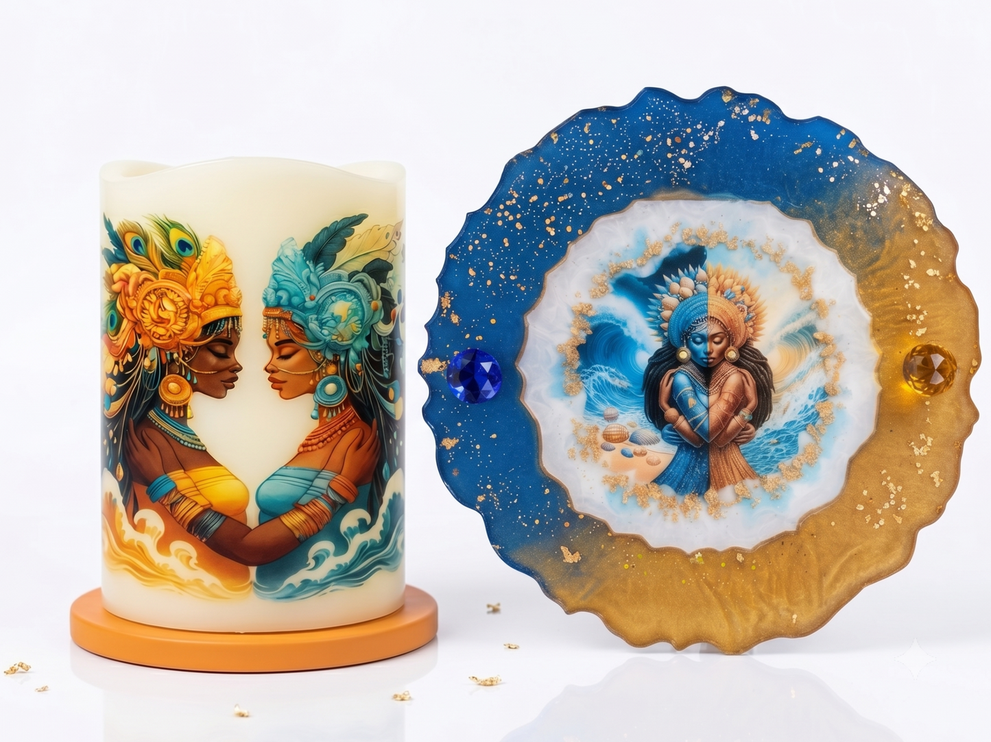 Oshun & Yemaya "Dos Aguas" 13-Inch Resin Tray with Handles & LED Candle Set