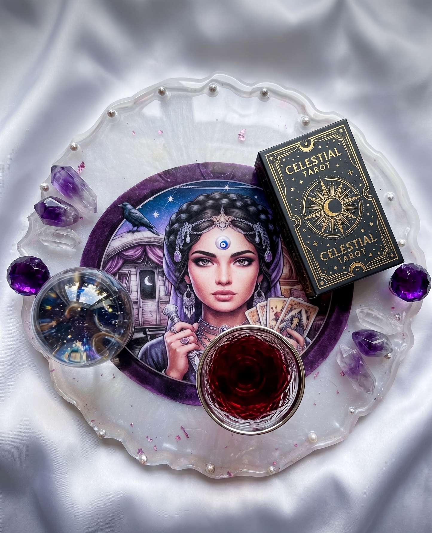 Gypsy "The Seer" Bundle - 13” Handcrafted Resin Altar Tray with Handles, 3rd Eye Oil & Mini Jumbo Candle Set