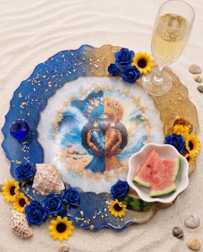 Oshun & Yemaya "Dos Aguas" 13-Inch Resin Tray with Handles & LED Candle Set