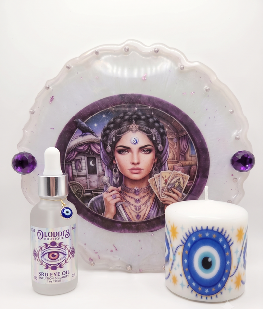 Gypsy "The Seer" Bundle - 13” Handcrafted Resin Altar Tray with Handles, 3rd Eye Oil & Mini Jumbo Candle Set