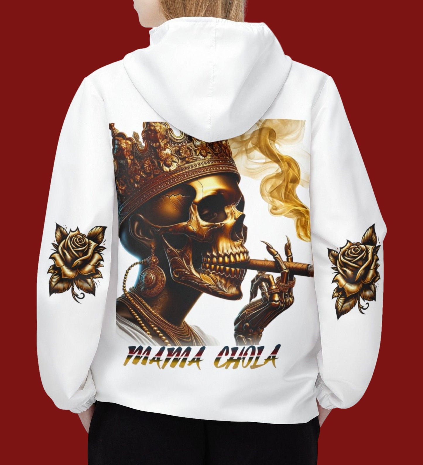 MaMa CHOLA "Skulls & Roses" Palo Mayombe White Windbreaker Jacket. Somos!