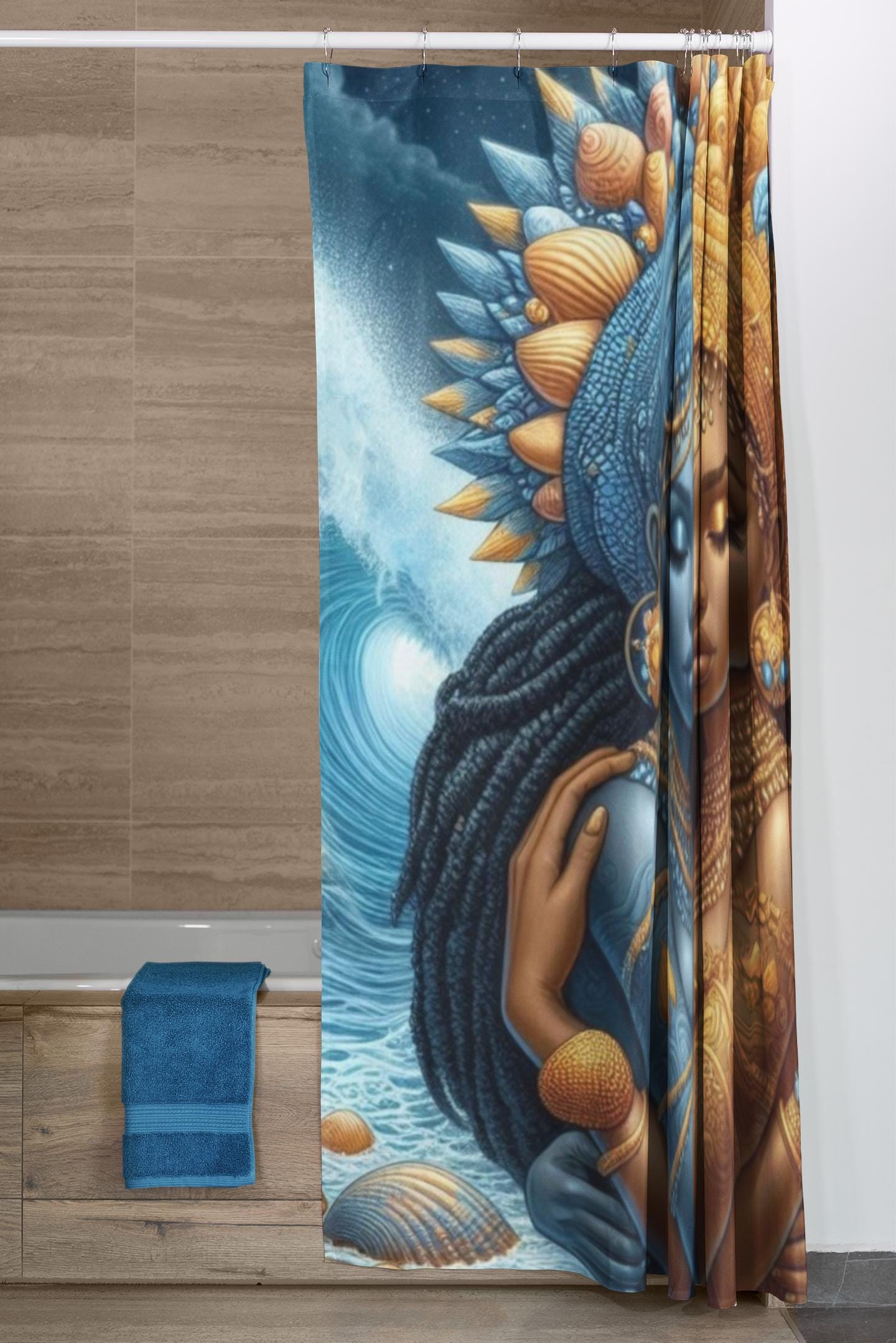 Oshún & Yemayá “Los Dos Aguas” Shower Curtain – Orisha Bathroom Decor | Gift for Devotee or Godparent