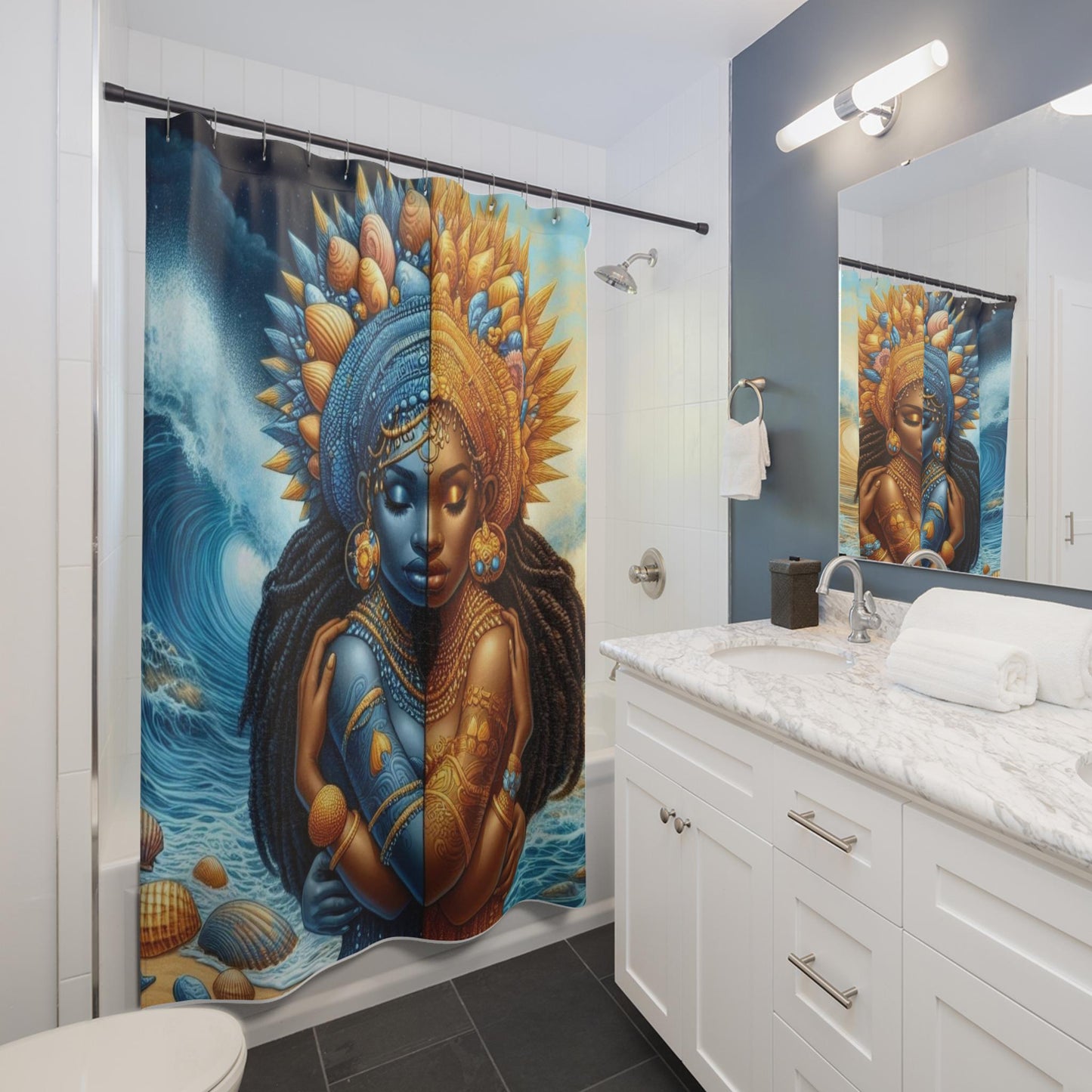 Oshún & Yemayá “Los Dos Aguas” Shower Curtain – Orisha Bathroom Decor | Gift for Devotee or Godparent