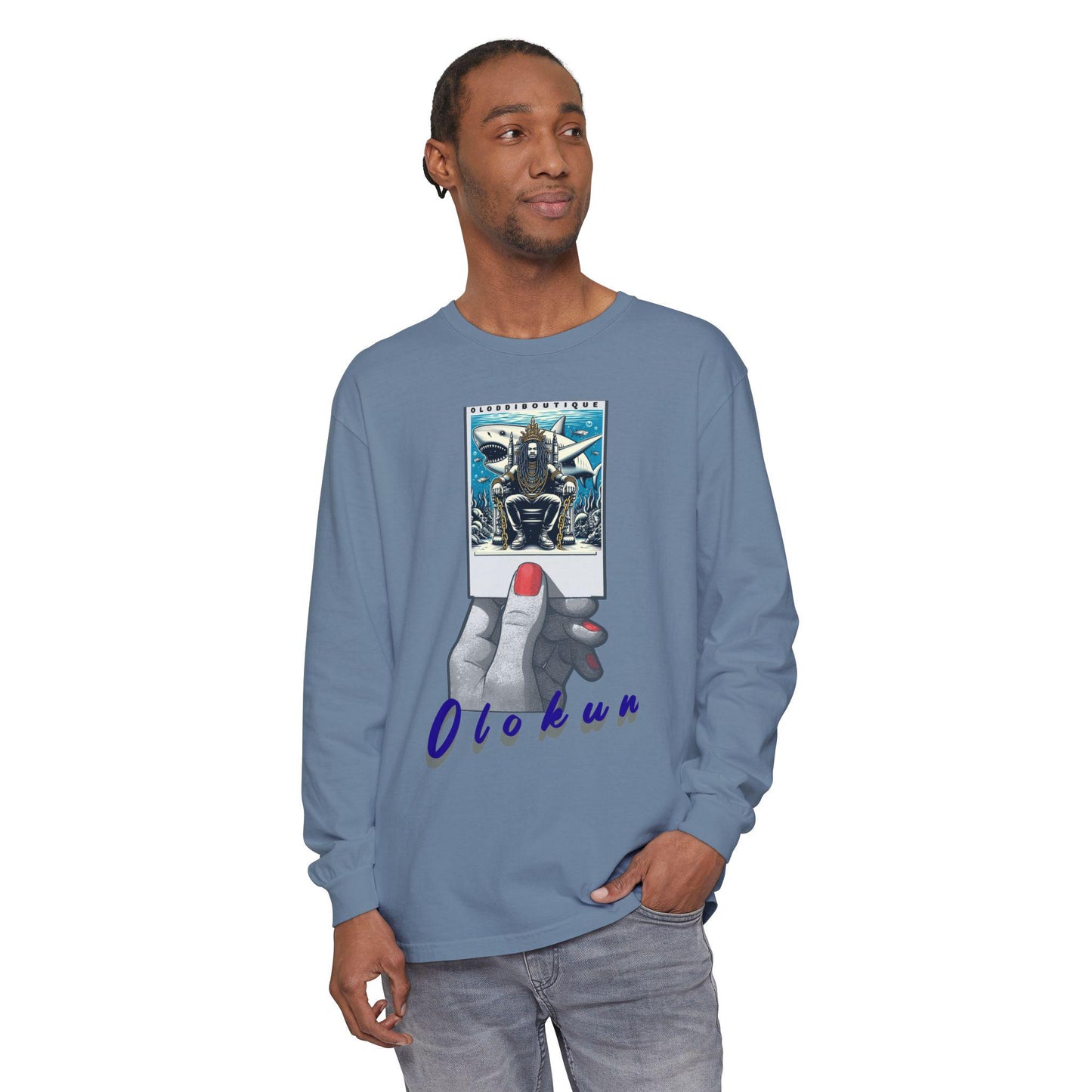 Polaroid Orisha OLOKUN Long Sleeve Tee for Devotee & Godparent, Orisha Polaroid Collection