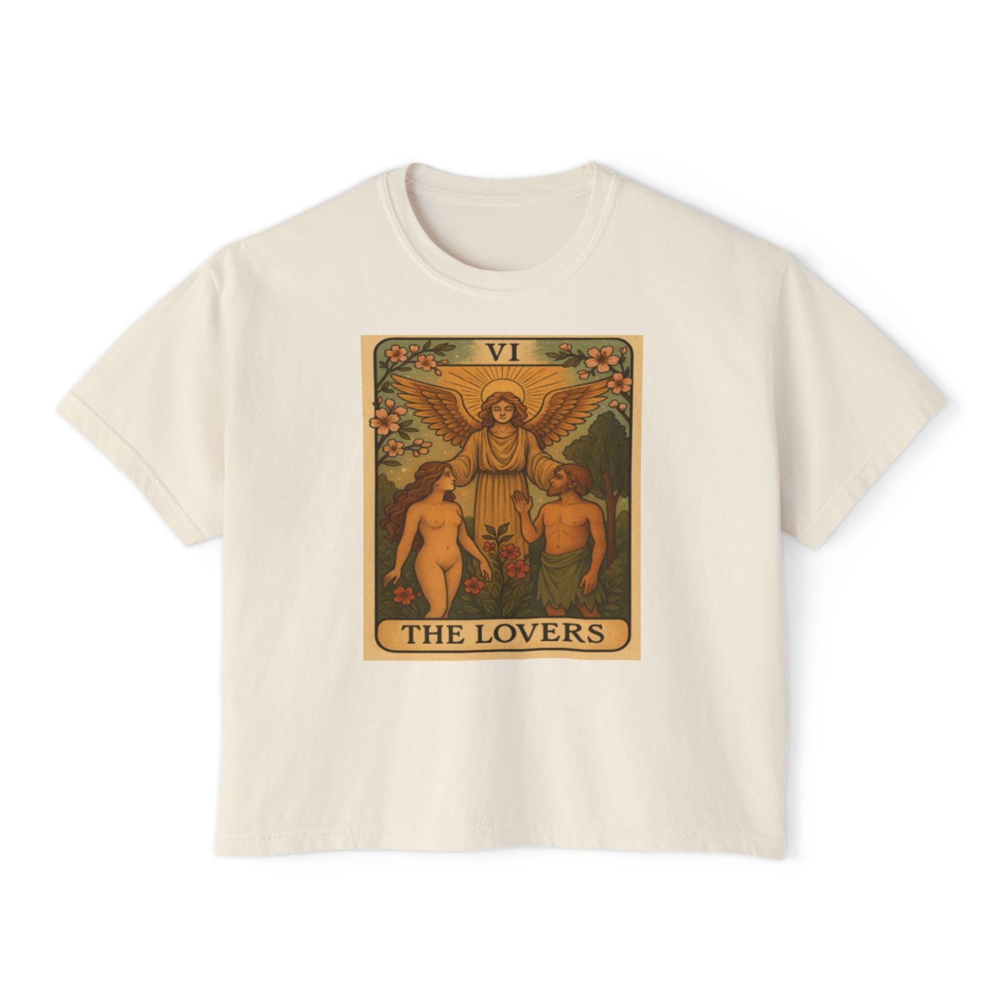 Vintage Tarot LOVERS Women's Boxy Tee, Astrology Tee, Gifts for Her, Casual Summer Top, Spiritual Fashion