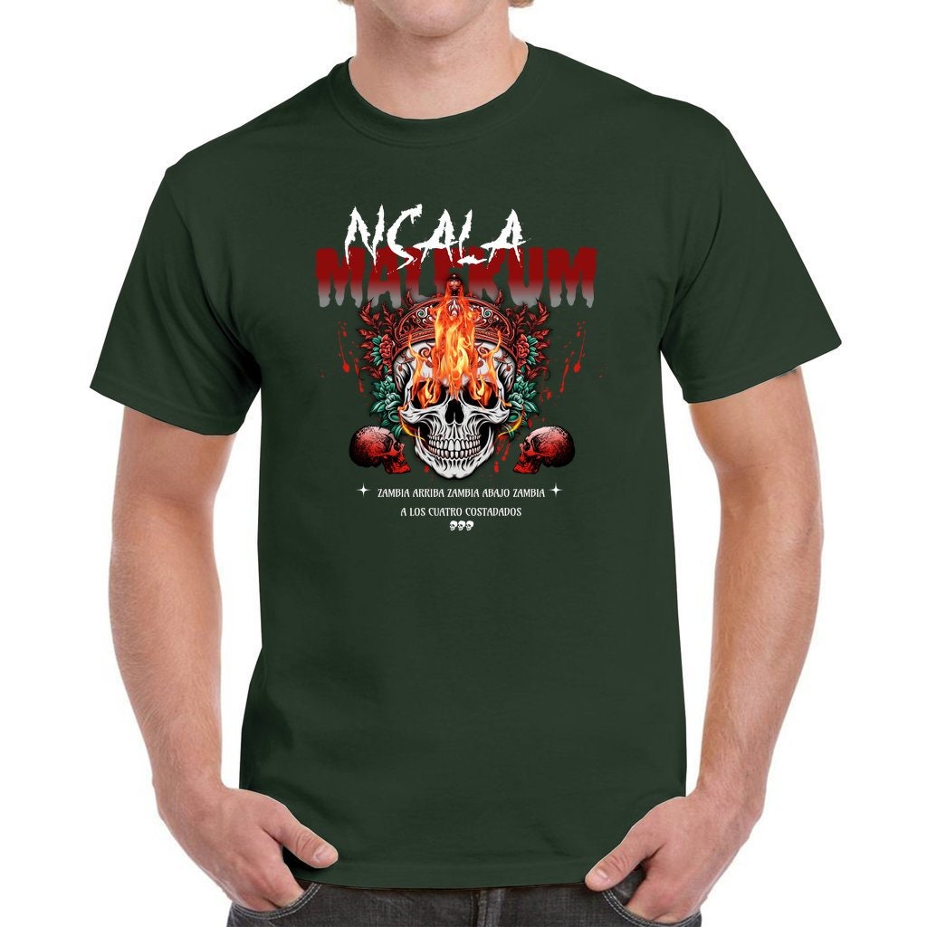 NSALA Malekum Palo Mayombe Zambia Arriba Skull with Fire Tshirt! Palo Mayombe Tata Yaya unisex Urban Tshirt.