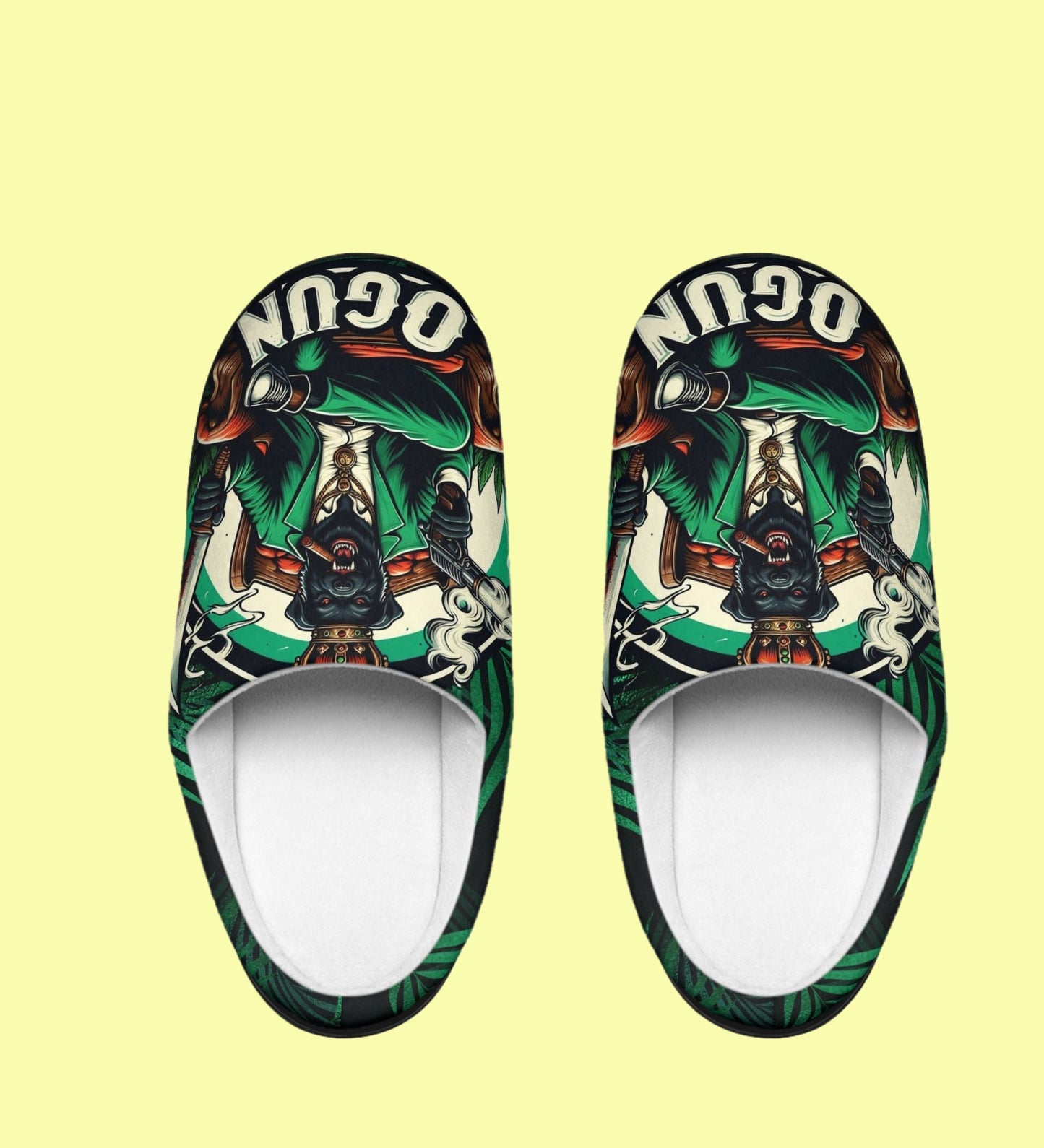Orisha OGGUN "Armed and Ready" Fierce Dog Indoor Stylish Slippers, Omo Oggun slippers, Gift for devotee or godparent!