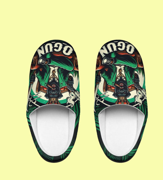 Orisha OGGUN "Armed and Ready" Fierce Dog Indoor Stylish Slippers, Omo Oggun slippers, Gift for devotee or godparent!