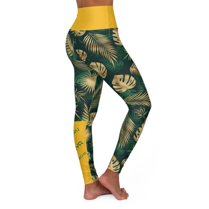 Iboru iboya ibocheche ORUNLA Green and Gold Monstera Plant Pattern Yoga Leggings