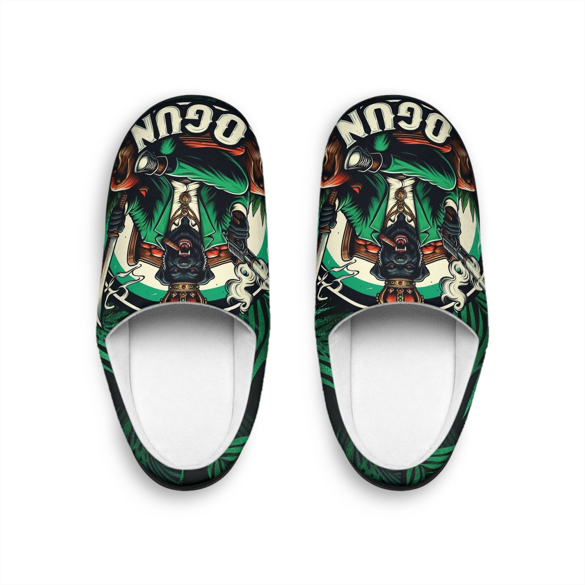 Orisha OGGUN "Armed and Ready" Fierce Dog Indoor Stylish Slippers, Omo Oggun slippers, Gift for devotee or godparent!