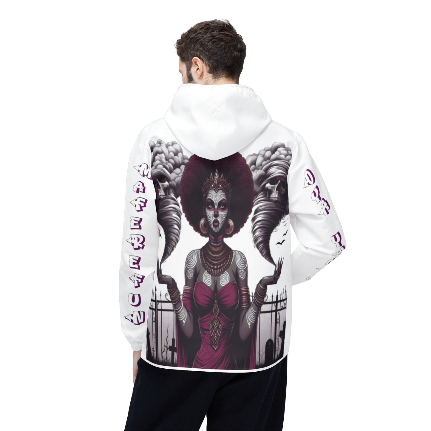 Maferefun Orisha OYA Yansa ,"Cemetery and Tornados" White Windbreaker Jacket! ASHE Oya Yansa Stylish Jacket,gift for devotee or godparent!