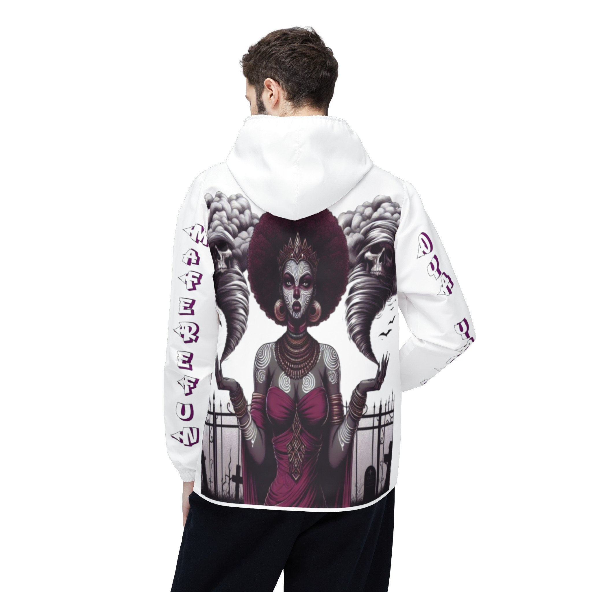 Maferefun Orisha OYA Yansa ,"Cemetery and Tornados" White Windbreaker Jacket! ASHE Oya Yansa Stylish Jacket,gift for devotee or godparent!