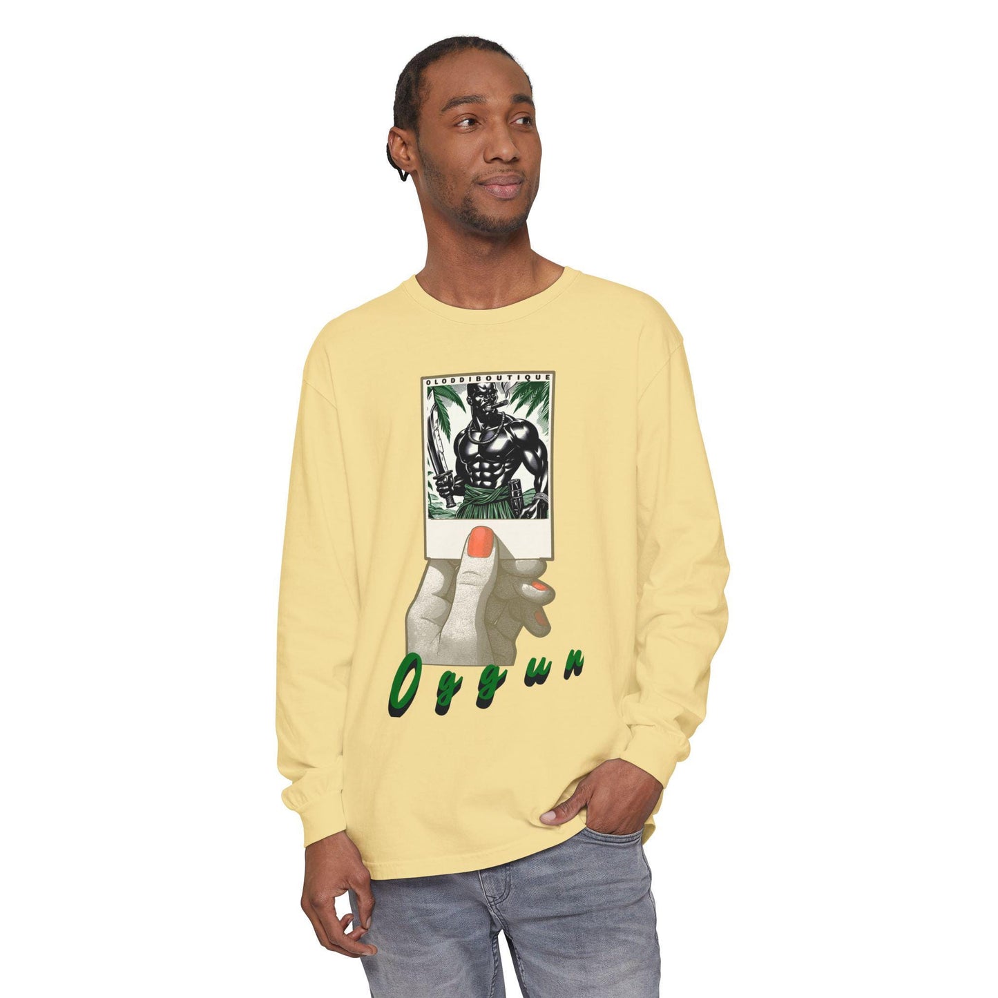 Polaroid Oggún Long Sleeve Tee – Orisha Polaroid Collection | Gift for Devotee or Godparent